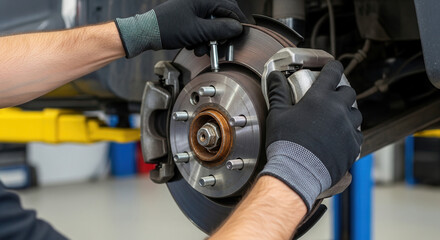 Fototapeta premium Mechanic adjusting car brake disc in auto repair shop, vehicle maintenance and mechanical expertise