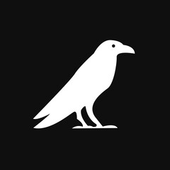Fototapeta premium Minimalist White Crow or Raven Bird Silhouette Icon on Stark Black Background