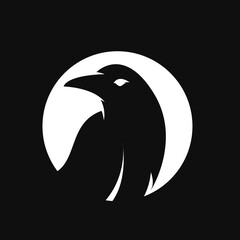 Fototapeta premium Raven Head Logo Design in White Circle, Modern Minimalist Silhouette Icon on Black Background