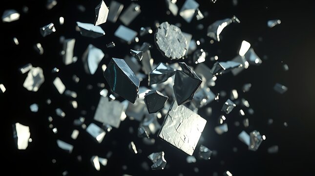 A close-up view of shattered glass fragments on a dark background