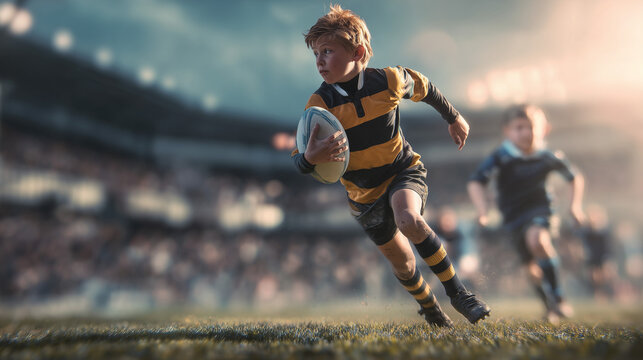 youth rugby player sprinting with ball on field, young boy running in rugby match with determination, action shot of junior rugby player during game at stadium