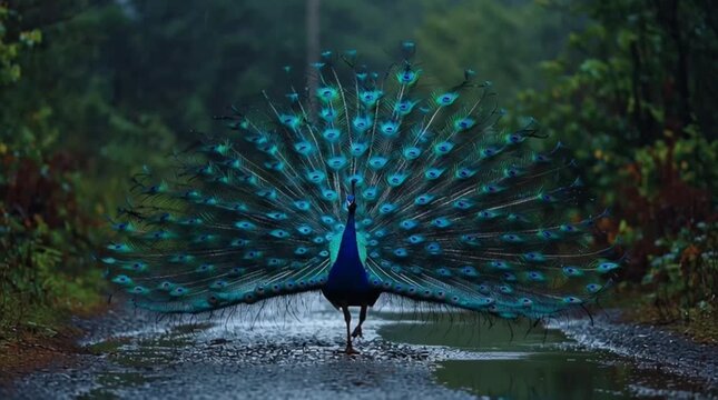 Magnificent peacock proudly displays its vibrant, iridescent tail feathers in a lush, misty forest setting