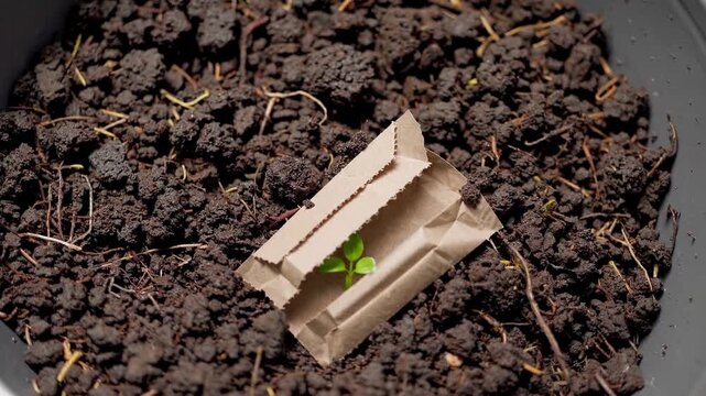 Tiny Green Sprout. Young Plant Emerging On Moist Soil Surface. Closeup Of Seedling With Roots On Dark Soil. Indoor Garden Scene Showcasing Sprouting Seedling Beside Torn Seed Packet On Rich Soil