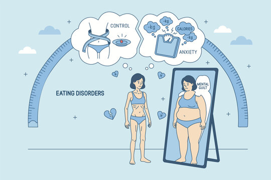 Mental health concept: woman struggling with eating disorder. Anorexia and bulimia metaphor with mirror reflection, anxiety and calorie obsession. Body image and mental guilt flat vector illustration.