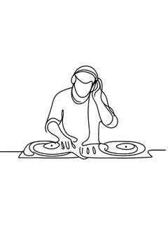 Minimalist DJ Illustration. Turntable setup. Minimalistic one-line drawing a DJ spinning records with