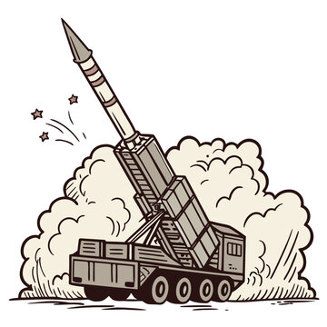 Military missile launcher launching rocket with smoke