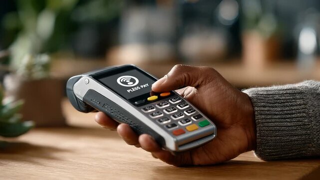 Hand using contactless payment terminal for digital transaction, showcasing modern payment technology and cashless lifestyle.