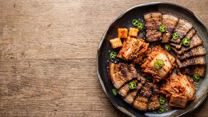 Custom blinds for kitchen with your photo 구운 삼겹살과 김치, 고추, 깨가 나무 식탁 위에 먹음직스럽게 놓인 한국 바비큐.