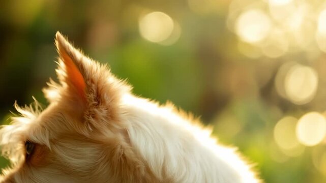 Curious dog exploring sunny garden with alert ears and playful expression