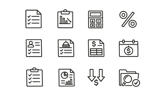   Tax and Deductions. Line outline icon set of Tax and Deductions: tax document, deduction