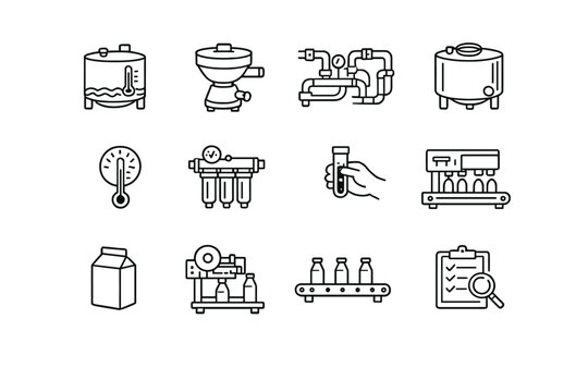   Milk Processing. Line outline icon set of Milk Processing: pasteurization tank, milk