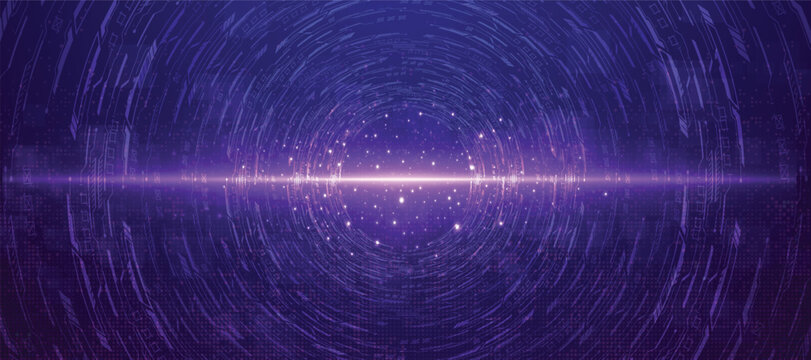 Futuristic Purple Cyber Tunnel Technology Background with Glowing Circular Interface and Digital Light Effect