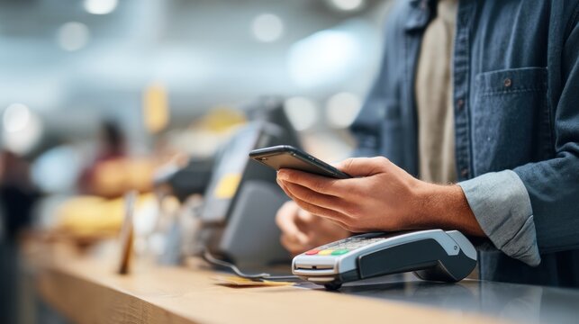 Man using smartphone at payment terminal