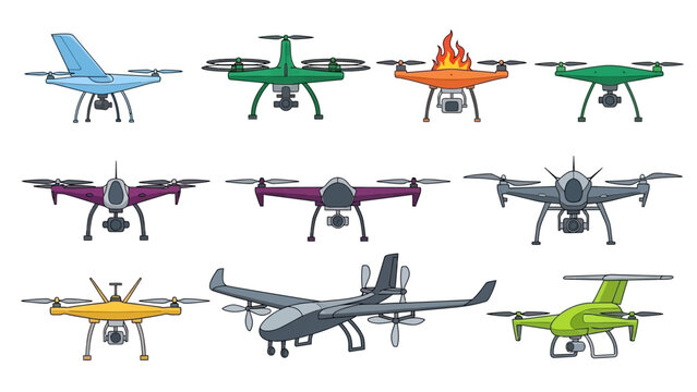 Collection of Diverse Drones: Quadcopters, VTOL, and Futuristic Designs