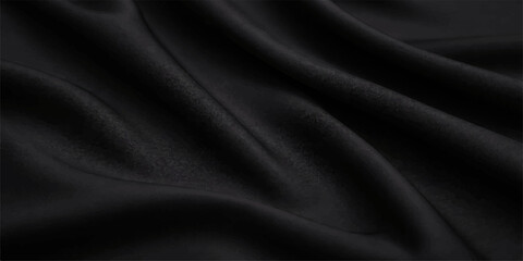 Fototapeta premium Luxurious black satin fabric with a smooth shiny texture creates an elegant dark silk backdrop featuring soft drapery waves for a high-fashion textile background