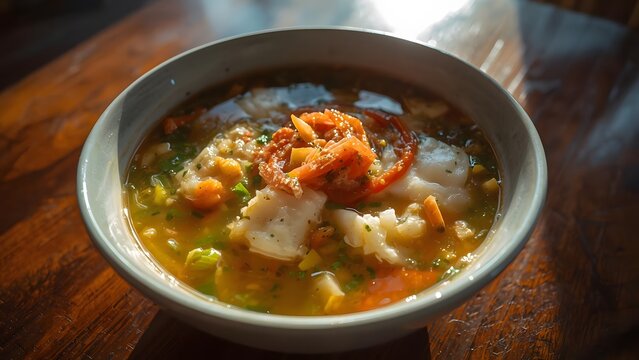 Delicious seafood stew, a vibrant culinary experience, presented beautifully