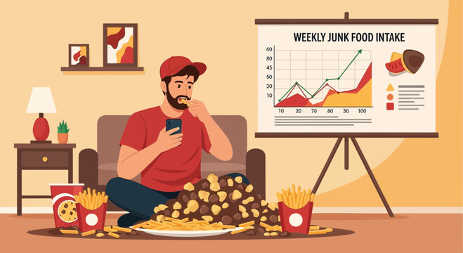 Man eating junk food while looking at phone.