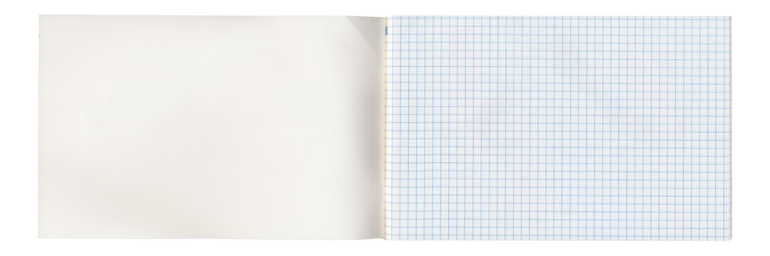 Wide open notebook with blank page and graph page on white background