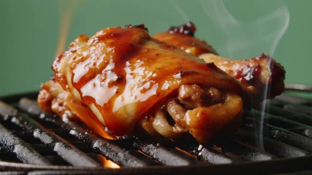 Close-up of grilled chicken thighs on a barbecue grill with smoke rising against a green background.