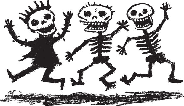 Dancing skeletons illustration, tattoo stencil design, vector illustration.