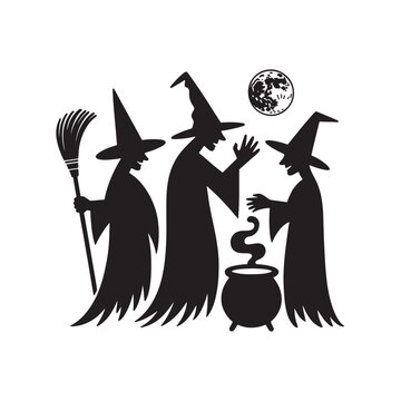 A black silhouette illustration of three witches gathering around a bubbling cauldron at night Vector