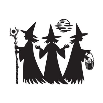 A black silhouette illustration of three spooky witches standing together under a crescent moon Vector