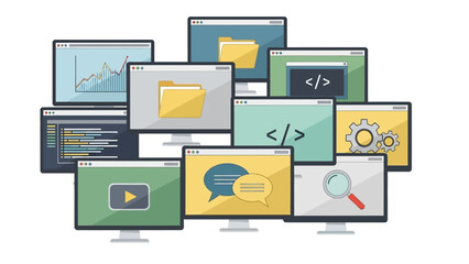 Fototapeta premium Digital Workspace: Multiple Monitors Displaying Data, Code, and Communication