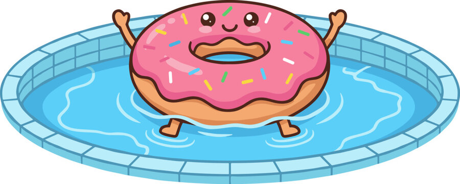 A pixel art illustration of a pink frosted donut with sprinkles enjoying a swim in a blue tiled pool. The donut has a happy face and arms raised.