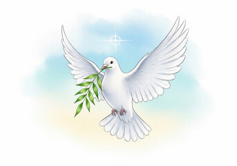 Fototapeta premium Clean spiritual illustration of flying white dove holding green olive branch with gentle pastel background, ideal for faith-based designs, peace themes or Easter materials.