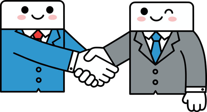 Two smiling cartoon figures in business suits shaking hands. One wears a blue suit with a red tie, the other a gray suit with a blue tie. Represents agreement and partnership.