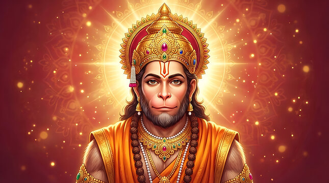 Lord hanuman with golden crown and orange attire for hanuman jayanti celebrations and hanuman chalisa chanting during hanuman puja and spiritual hindu religious festival background