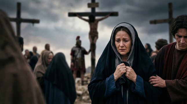 A grieving woman, the mother of Christ, in dark clothing near a crucifixion scene with crosses and a stormy sky in a dramatic biblical context.