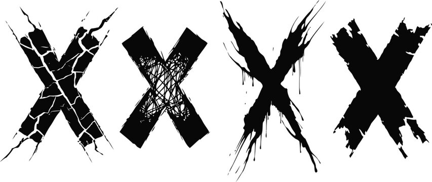 Four black grunge x marks with cracks, scratches, splatters, and distressed textures