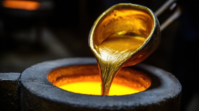 Luminous molten gold fluidly pouring from a ladle into a glowing crucible, depicting the intense process of metal refinement.