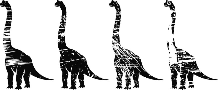 grunge brontosaurus silhouettes set distressed long neck dinosaur shapes with rough textures