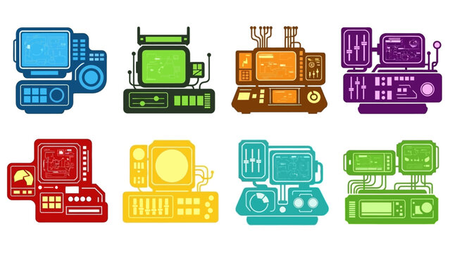 Retro Futuristic Computer Consoles and Control Panels Set