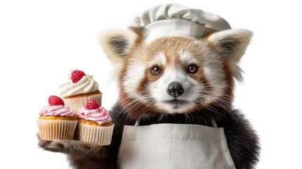 Obraz premium Red panda pastry chef in white hat and apron holding raspberry cupcakes isolated on transparent background