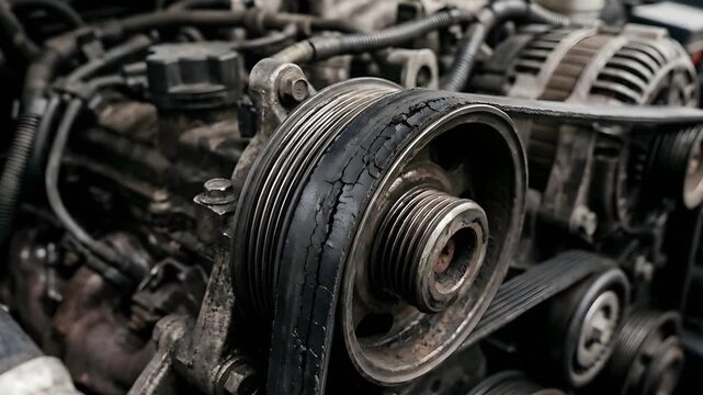 Close Up of a Worn Cracked Serpentine Belt on a Dirty Car Engine with Metal Pulleys and Alternator Visible in Detailed Focus
