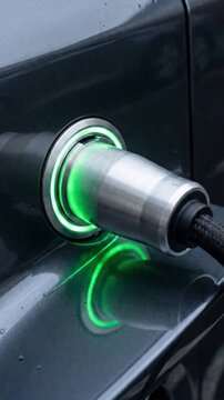Vertical close up of electric car charging plug with glowing green led light, sustainable ev power concept, ai generated