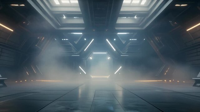 A futuristic dimly lit industrial interior scene with smoke and lights Technology Transport Travel Architecture