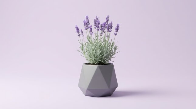 Minimalist purple vase with delicate lavender flowers on white surface, serene home decor, soft natural lighting, elegant simplicity