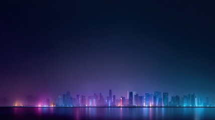 Fototapeta premium City skyline at night illuminated by colorful lights reflecting on water, showcasing modern skyscrapers and a vibrant urban atmosphere with a gradient of purple, blue, and pink hues in the sky