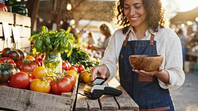 Woman uses credit card for contactless payment at farmers market. Smiling female farmer accepts payment on terminal. Happy woman sells fresh tomatoes at market. Payment for organic food made easy.