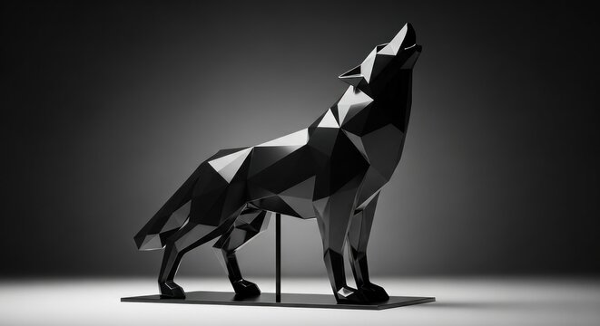A black and white low poly wolf sculpture on a black background.