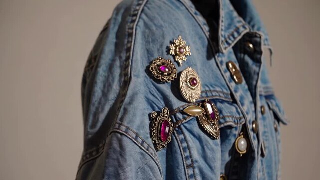 Fashionable Denim Jacket Featuring Jeweled Shoulder Accents And Detailed Craftsmanship. Chic Denim Outerwear Adorned With Brilliant Gemstones And Carefully Crafted Seamwork For Publication