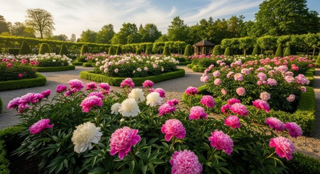 A vibrant garden with pink and white peonies in full bloom, surrounded by neatly trimmed hedges and a gazebo.
