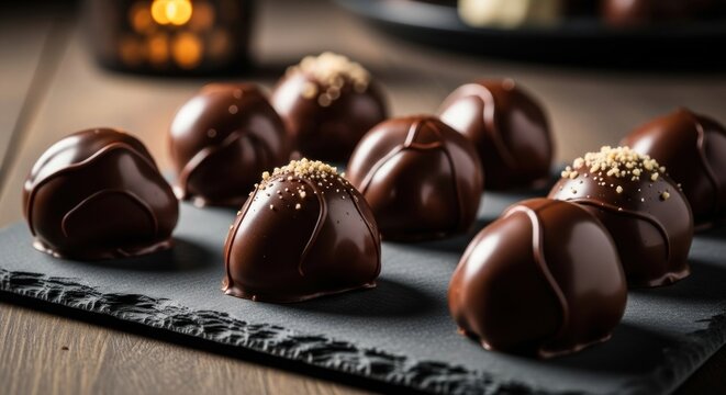 A collection of chocolate truffles on a dark surface with a candle in the background.
