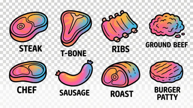 Playful doodle collection of vibrant food icons, showcasing diverse fresh meat cuts like beef steak, ground beef, ribs, sausage, and roast, perfect for a butcher theme
