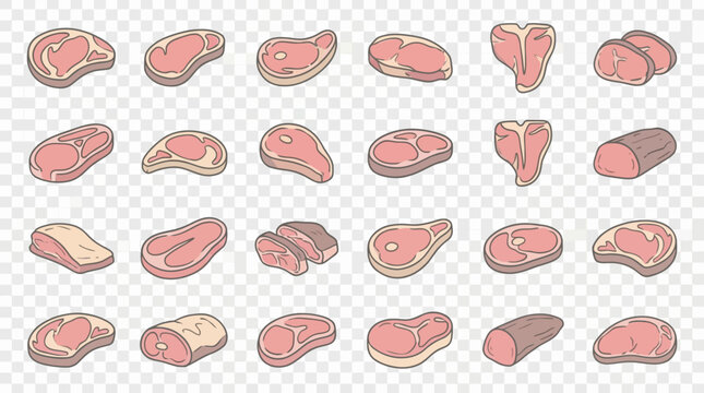 A diverse collection of raw meat cuts, featuring various beef steaks and butcher's selections, presented as food for culinary preparation