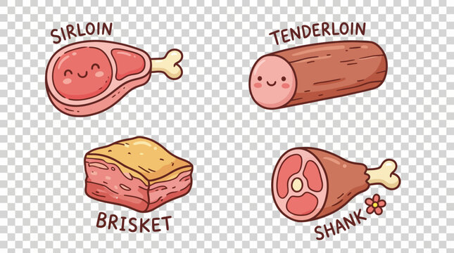 Charming and minimalist doodle icons featuring various cuts of fresh beef and delicious meat food, perfect for culinary illustrations and playful designs